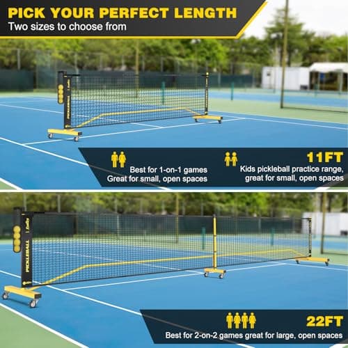 Pickleball Net with Wheels, Portable 2-in-1 Pickle Ball Net with Ball Collector,22FT Regulation Size & 11FT Half Court Size, Carry Bag, Steady Metal Frame for Outdoor Indoor Driveway (Black&Yellow) 2