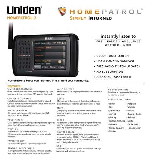 Uniden HomePatrol-2 Color Touchscreen Simple Programing Digital Scanner, TrunkTracker V and S,A,M,E, Emergency/Weather Alert, Digital Capable, APCO P25 Phase 1 and 2, Covers USA and Canada 3