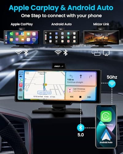 Portable Apple Carplay Screen, 10’’ Car Stereo Wireless Car Play & Android Auto Touch Screen, 4K Dash Cam, 1080P Backup Camera, Mirror Link/Voice Control/Music Play/GPS Navigation 2