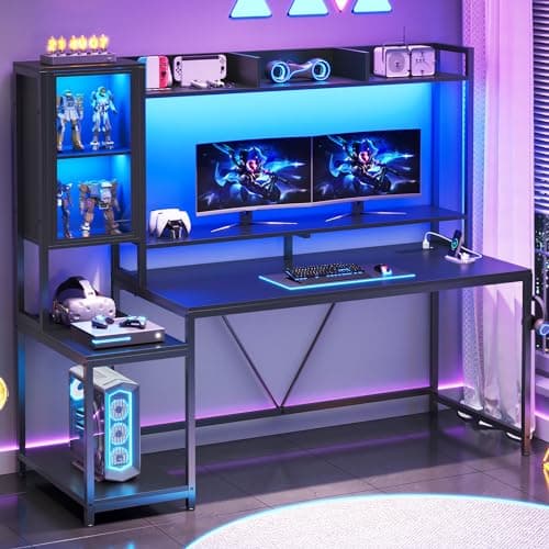 SEDETA Gaming Desk, 60'' Gaming Desk with Hutch and LED Lights, Computer Desk with Storage Shelves, Large PC Gamer Desk with Display Cabinet, Monitor Stand, Power Outlet for Home Office, Black