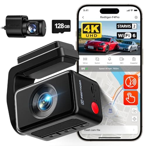 REDTIGER F4 Pro 4K Dash Cam Front and Rear, STARVIS 2 Sensor, 128GB Card Included, Built-in 5.8GHz WiFi6, 2.2inch Touch Screen Dash Camera for Cars, Voice Control, 24H Parking Mode