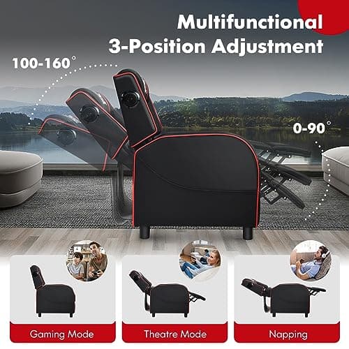 GYMAX Gaming Recliner, Massage Gaming Chair with Bluetooth Speaker, Adjustable Footrest & Lumbar Support, Single Ergonomic Gaming Sofa, Video Gaming Chair for Adults, Home Theatre (Red) 5
