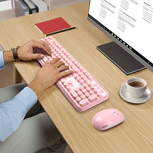 Pink Wireless Keyboard Mouse Combo,104 Round Keys Cute Colorful Keyboard Retro Typewriter Style,Letton Full Size Keyboard with Number Pad&Mouse with 3 DPI for PC Mac Laptop Computer Windows 3