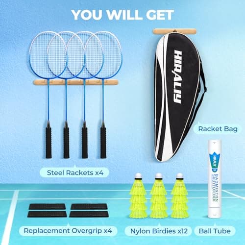 HIRALIY Badminton Rackets Set for Backyards, Lightweight Badminton Set of 4, Includ 4 Rackets, 12 Nylon Birdies, Replacement Grip Tapes, 1 Carrying Bag, Outdoor Games for Adults Family Kids Beginners 5