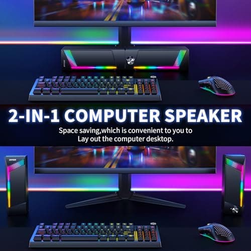 Computer Speakers, 2 in 1 PC Speaker , Gaming Speakers for PC Computer Laptop Desktop Monitor, RGB Speakers with Touch Sensitive Lighting, USB Powered 3.5mm Aux（Package Only Two Speaker, No Soundbar） 2