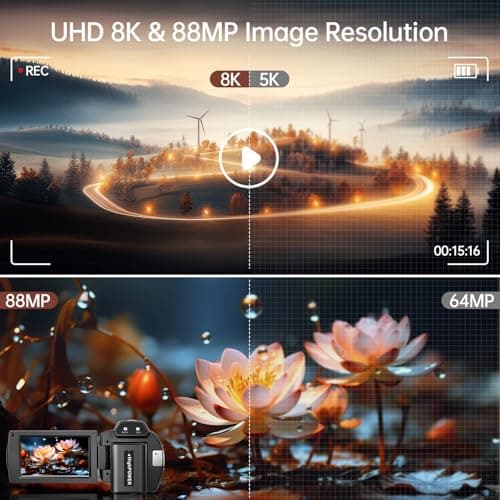 8K Video Camera Camcorder 88MP UHD WiFi Vlogging Cameras for YouTube 18X Digital Zoom IR Night Vision 3.0''Touch Screen Camera with 32GB Card, Microphone, Stabilizer, Lens Hood, Remote, Batteries 2