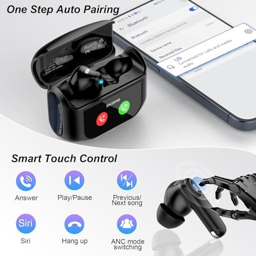 Wireless Earbuds, Bluetooth 5.4 Headphones Multi-Function Touch Screen with 5 EQ Modes, 48H Ear Buds Bass Stereo with ANC Noise Cancelling/Transparency Mode, IPX7 Bluetooth Earbuds for Android/iOS 5
