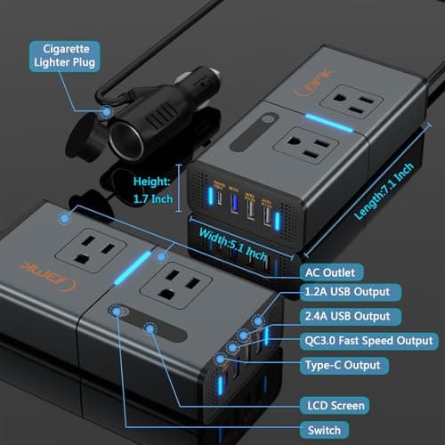 BMK 200W Car Power Inverter Newly Car Plug Adapter Outlet Charger DC 12V to 110V Car Inverter with 1.2A&2.4A USB, 1 QC3.0 USB and 1 Type C Ports Black 2
