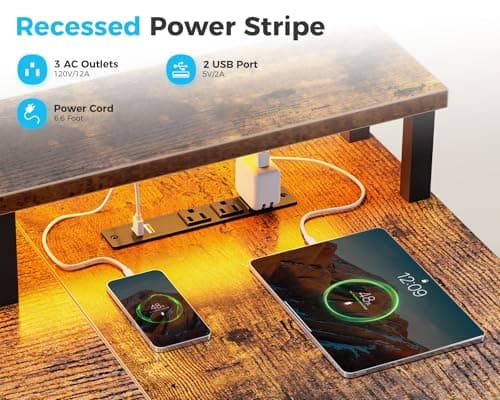 ODK 75" L Shaped Desk with File Drawers, L Shaped Office Desk with Power Outlet & LED Strip, Reversible Computer Desk with Storage Shelves, Gaming Desk with Monitor Shelf, Corner Table, Vintage 5