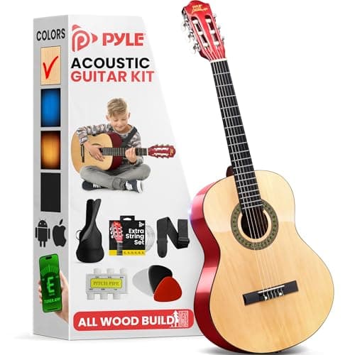 Pyle 30-Inch Beginner Acoustic Guitar Kit, 6-String Classical Style Travel Guitar for Kids & Adults - Includes Shoulder Strap, Strings, Picks, Tuning Pitch Pipe & Storage Gig Bag - Handcrafted Wood