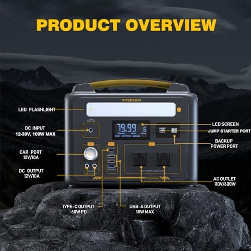 VTOMAN Jump 600X Portable Power Station 600W, 299Wh Solar Generator LiFePO4 Battery Power Station with Jump Start for Car, 1200W AC Outlet, PD 60W USB-C, 3x Regulated 12V/10A DC for Camping, RV Travel 4