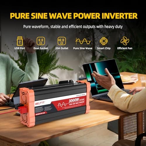 BELTTT 3000W Pure Sine Wave Inverter 12V DC to 120V AC for RV, Truck, Off-Grid, Home, Solar Car Power Inverter with Dual AC, 20A Socket, 5V 2.1A USB, Hardwire Port, Remote Controller 23Ft Cable 5