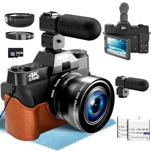 4K Digital Camera for Photography with External Adjustable Microphone, 56MP Vlogging Camera for YouTube and Video, 52mm Wide Angle & Macro Lens, with 180° Flip Screen,18X Digital Zoom, 32GB TF Card