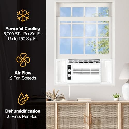 Whirlpool 5,000 BTU 115V Window Air Conditioner & Dehumidifier with Mechanical Controls, Window AC Unit for Apartment, Dorm Room, & Small Rooms up to 150 Square Feet in White 5