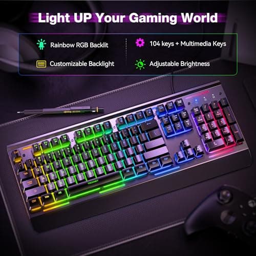 TECKNET Gaming Keyboard, USB Wired Computer Keyboard, 15-Zone RGB Illumination, IP32 Water Resistance, 25 Anti-ghosting Keys, All-Metal Panel (Whisper Quiet Gaming Switch) 3
