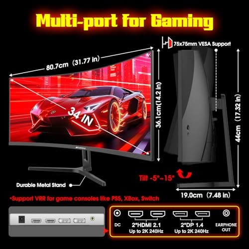 SANSUI 34 Inch 240Hz Ultrawide Curved Gaming Monitor UWQHD 3440×1440, 21:9 2K Curved Monitor 1500R,HDR400,Fast VA, PIP/PBP,AI Crosshair,AIPQ(Visual Enhance),MPRT 1ms,HDMI2.1*2,DP1.4*2(DP Cable Incl.) 5