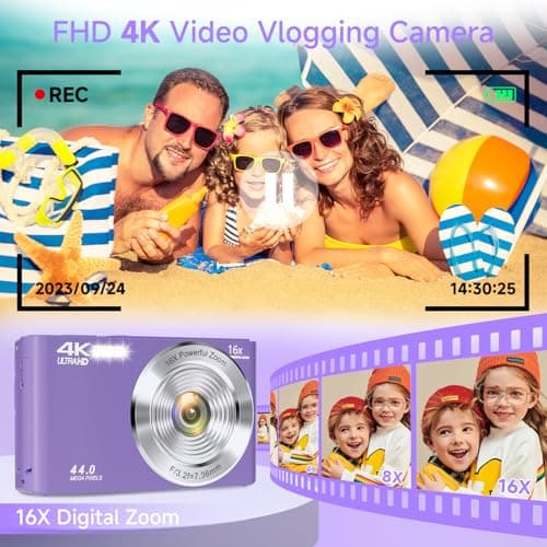 Digital Camera for Teens, FHD 4K 44MP Digital Camera Purple with 64GB SD Card 16X Digital Zoom, Cameras for Photography Compact Point and Shoot Camera for Teen Boys Girls Kids Autofocus Camera Digital 2
