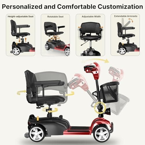 iScooter 4 Wheels Mobility Scooter, Up to 300LBS Mobility Scooter for Seniors & Adults, Foldable Electric Wheelchair Device, LED Headlight, Basket, Cup Holder,Long Range,USB Charging 2