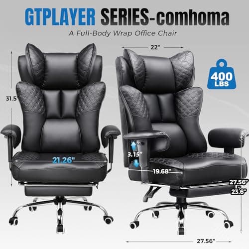 GTRACING Big and Tall Office Chair 400LBS Wide Ergonomic Gaming Chair with Deluxe Embossing Designed Leather with Foot Rest,150°Reclining Adjustable Soft Armrests Pocket Spring Back Support and Pillow 2