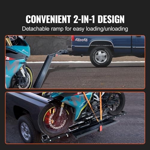 VEVOR Motorcycle Carrier, 600 LBS Steel Motorcycle Carrier Hitch Mount with 47" Longer Ramp, Scooter Dirt Bike Trailer Hauler with Ratchet Straps and Stabilizer, for Car, Truck with 2" Hitch Receiver 3