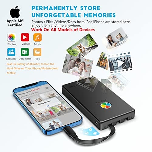 iDiskk App-le Certified, 2TB External Hard Drive,for iPhone iPad Android Phones,MacBook,Computer to Backup Docs| Photos | Videos,iPhone 17 & 16 Photo Stick Photo Storage Phone Drive 2