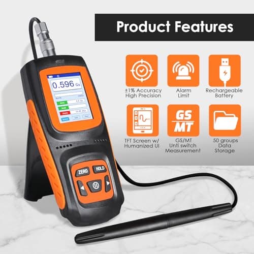 Gauss Meter Rechargeable Tesla Meter with ±1% Precision Hall Probe, 0~2500mT/0~25000Gs Magnetometer Magnetic Field Strength and Pole Tester with Data Logging & Alarm for Research, Laboratory 2