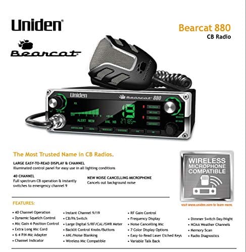 Uniden BEARCAT 880 CB Radio with 40 Channels and Large Easy-to-Read 7-Color LCD Display with Backlighting, Backlit Control Knobs/Buttons, NOAA Weather Alert, PA/CB Switch, and Wireless Mic Compatible 4