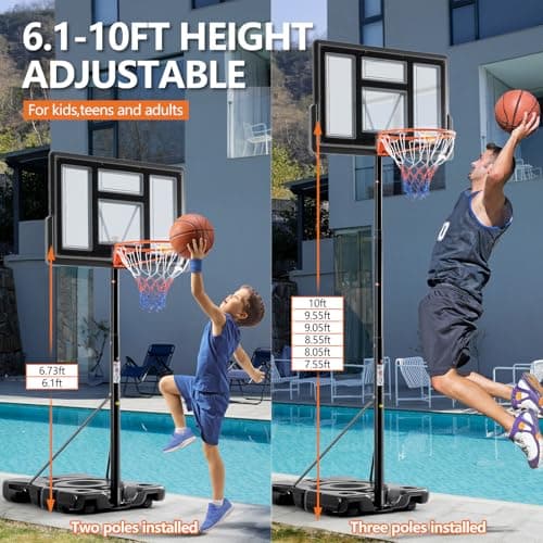 Sweetcrispy Portable Basketball Hoop Outdoor 4.2-10ft Adjustable Height for Kids/Youth/Adult, 44 Inch Shatterproof Backboard/Shock Absorbent Rim, Fillable Base, 2 Wheels for Backyard/Driveway 4