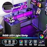 Huuger 47 Inch Computer Desk with Power Outlets and LED Lights, Gaming Desk with 4 Drawers, Office Desk with Monitor Stand, Study Work Home Office, Small Spaces, Black 4