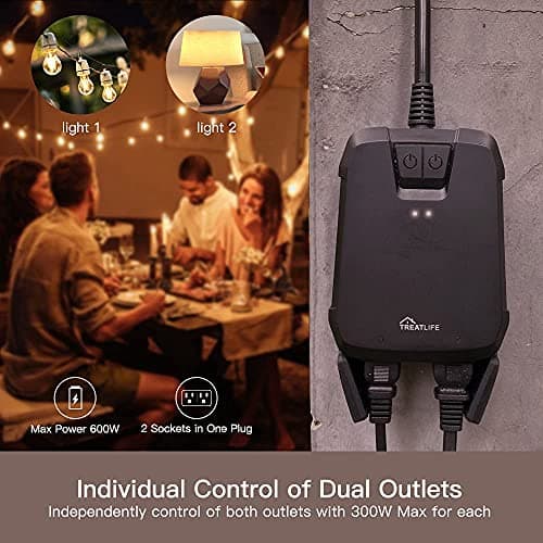 TREATLIFE 2 in 1 Outdoor Smart Dimmer Plug, 2 Individual Control Sockets, 600W, Compatible with Alexa, Google Home, IP64 Dimmer for Outdoor String Lights, Dusk to Dawn, 2.4GHz WiFi Only 3