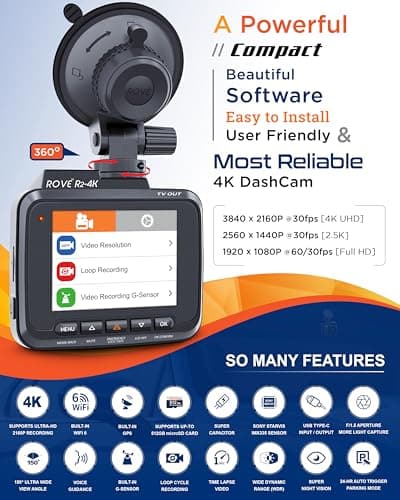 ROVE R2-4K Dash Cam Built-in WiFi 6 GPS Car Dashboard Camera Recorder with UHD 2160P, 2.4" IPS Screen, 150° Wide Angle, WDR, Night Vision 2