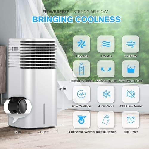Windowless Portable Air Conditioner, 15H Timer & 120°Oscillation, 3-IN-1 Portable AC Unit with Remote, 2-Gal Tank, 3 Modes & 3 Speeds, Ultra-Quiet 24" Ventless Swamp Cooler for Room Home Office, White 2