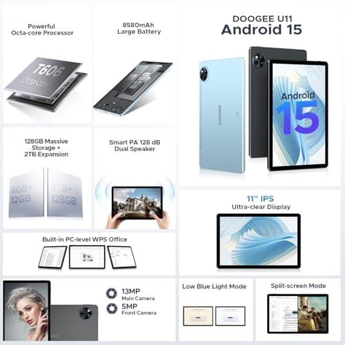 DOOGEE U11(2025) Android 15 Tablet, 11 inch Tablet 16GB+128GB/2TB TF Octa-Core 90Hz Display, 8580mAh,1080P,Bluetooth 5.0+5G WiFi Tablets, 13MP+5MP, Face ID,Metal Body-Black 2