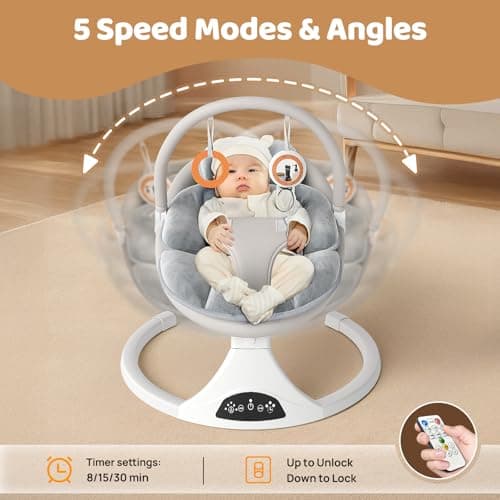Electric Baby Swing with Remote Control - 5 Natural Motion Speeds, Detachable Seat Pad | Portable Infant Swing for Indoor/Outdoor Use (0-6M, 20lbs) (Gray) 4