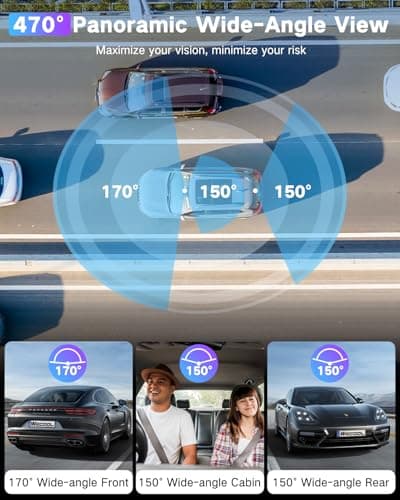 WECOOL 3 Channel Dash Cam Front and Rear Inside, 4K Ultra HD & 470° Wide-Angle Full-View Dash Camera for Cars with 64GB Card, 24H Parking Monitor, G-Sensor, Loop Recording, Night Vision, 5GHz WiFi 3