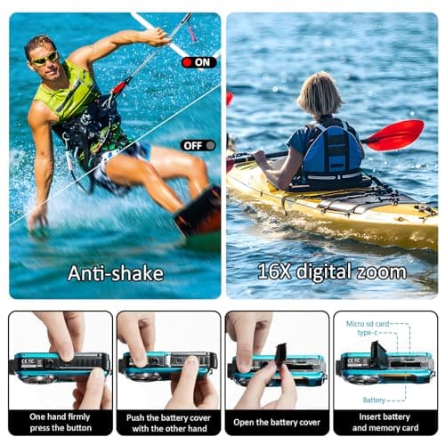 4K Underwater Camera 16FT Waterproof Camera with 32GB Card 64MP Autofocus Dual-Screen Selfie Underwater Camera for Snorkeling Waterproof Compact Floatable Digital Camera 1250mAh Battery Type-C (Blue) 5