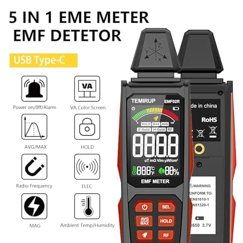 EMF Detector, TEMIRUP 5 in 1 Handheld EMF Meter Radiation Detector, Detects EF, RF, MF, WiFi Signal,Temperature, Humidity, Rechargeable EMF Reader with Large Color LCD for Home, Office, Ghost Hunting 2