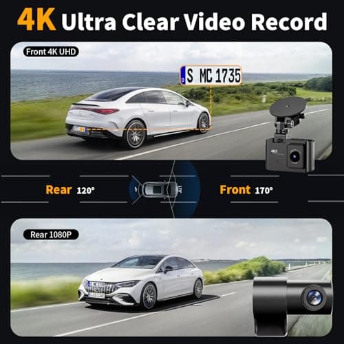 Dash Cam Front and Rear: 4K Dual Channel Dash Cam - 5GHz WiFi, Dash Camera for Cars with 64GB Card, 2" IPS, App Control, G-Sensor, Loop Recording, 170° Wide Angle, Night Vision, 24H Parking Mode 3