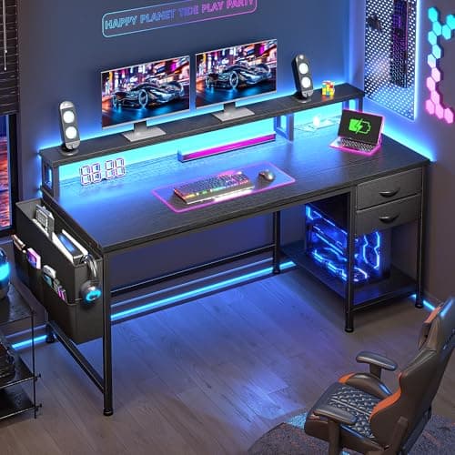 DurayLoly 48" Computer Desk with Drawers & Storage Bag, Gaming Desk with Power Outlets and LED Lights, Office Desk with Monitor Stand for Bedroom Gaming Room, Study Work Home Office, Black 2