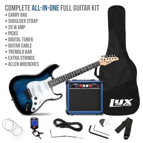 LyxPro 39 inch Electric Guitar Kit Bundle with 20w Amplifier, All Accessories, Digital Clip On Tuner, Six Strings, Two Picks, Tremolo Bar, Shoulder Strap, Case Bag Starter kit Full Size - Blue 2