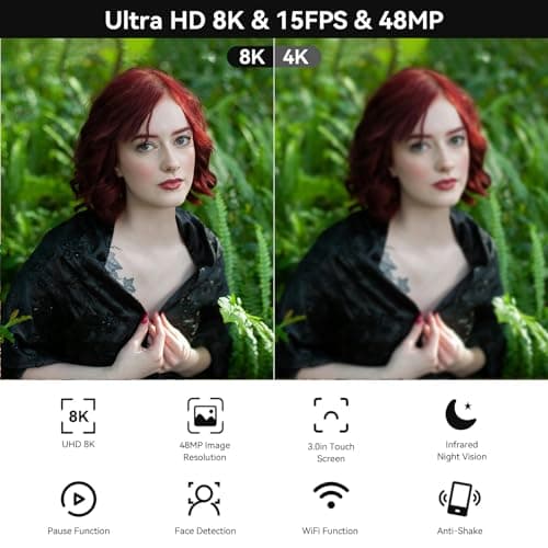 Video Camera, 8K Camcorder 48MP 15FPS UHD WiFi Vlogging Camera with IR Night Vision for YouTube, 3" Touch Screen 18X Digital Zoom, with Fill Light, Mic, Stabilizer, Lens Hood, Remote and 2 Batteries 3