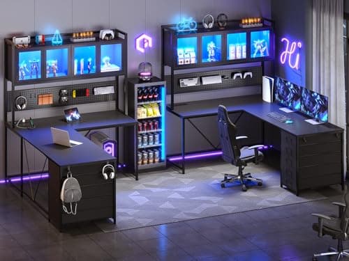SEDETA L Shaped Gaming Desk with Drawers, L Shaped Computer Desk with Hutch and Storage Shelves, Gaming Desk with Pegboard, Led Lights, and Power Outlet, Home Office Desk, Corner Desk, Black 4