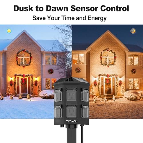 TiFFCOFiO Outdoor Power Stake Timer, 100FT Remote Control, Dusk to Dawn Christmas Light Timer, 6FT Extension Cord Waterproof, 6 Grounded Outlets for Outdoor Christmas Decorations, ETL Listed 5