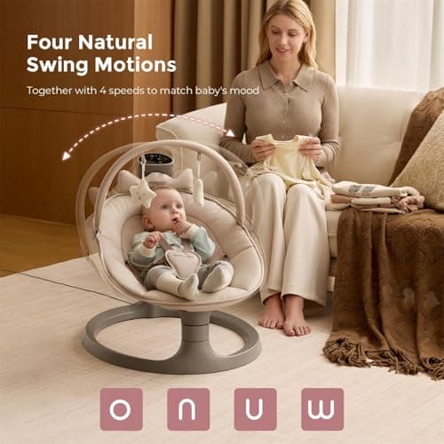 Momcozy 2-in-1 Electric Baby Swing, Dual-Arm Support System & Parent-Inspired Motions, Convertible to Toddler Seat up to 66 lbs, Adjustable Height, Lightweight, Khaki 4