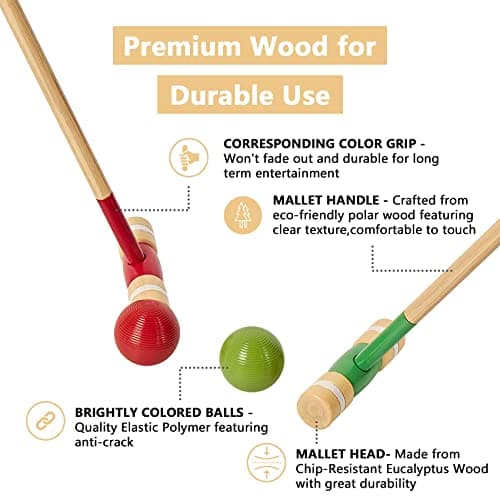 SpeedArmis 8 Players Croquet Set with 32In Regulation | 28In Standard Size Rubber Wood Mallets, Colored PE Ball, Wickets, 21In End Stakes - Lawn Backyard Game Kit for Teens/Adults/Family 3