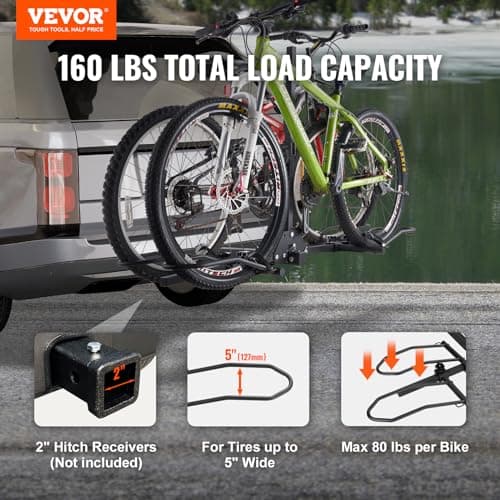VEVOR Hitch Mount Bike Rack, 160 LBS Capacity Ebike Rack, 2-Bike Platform Style for 2-inch Receiver, Titling and Folding Bike Carrier with Tires up to 5" Wide, for Car, SUV, Truck, RV 2