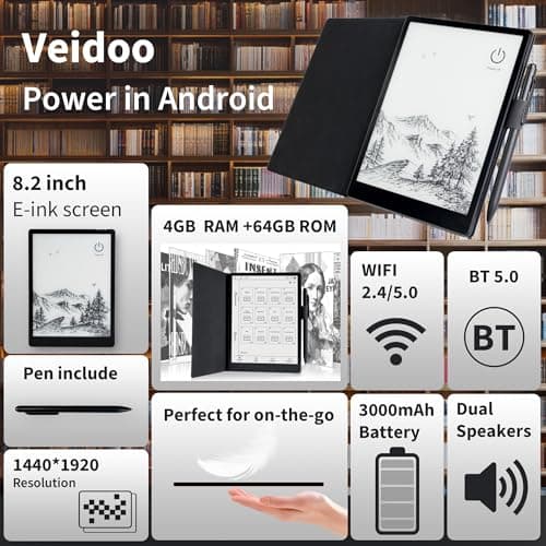 Veidoo 8.2 Inch E-Book Reader with Large E-Ink Screen, 64GB ROM,1440×1920 IPS 292 PPI, Adjustable SMARTlight, Dual Band WiFi, Android E-Reader, Digital E-Ink Tablet with Stylus and Cover(Black) 2