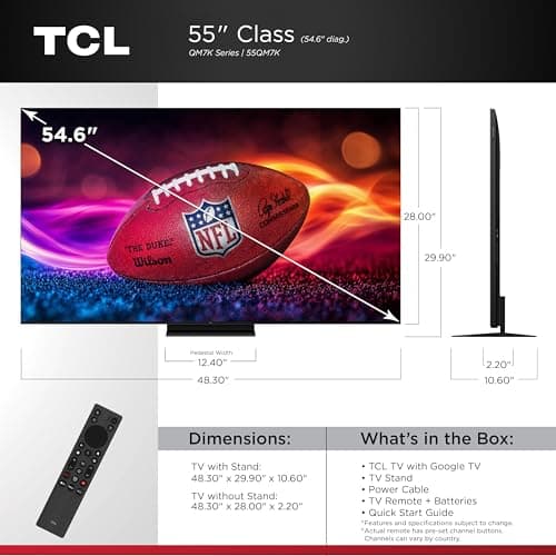 TCL 55 Inch Class QM7K Series | Mini LED QLED 4K HDR | 55QM7K, 2025 Model | 120HZ-144HZ Anti Reflective Screen Smart Google TV Dolby Atmos Onkyo Audio | Voice Remote Alexa Gaming Streaming Television 2
