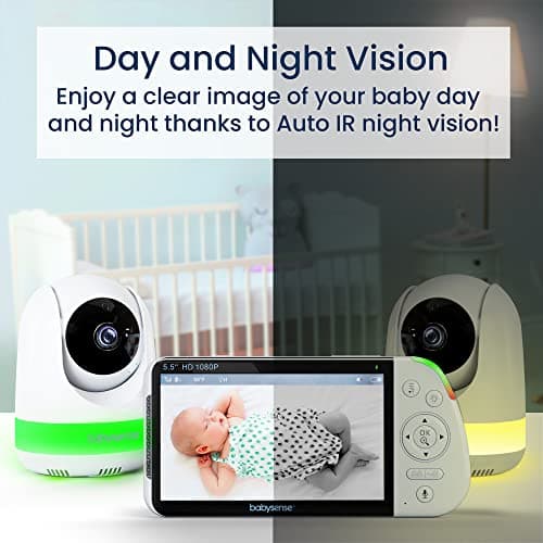 Babysense 5.5” 1080p Full HD Split-Screen Baby Monitor, Video Baby Monitor with 2 Cameras and Audio, 6-Color RGB Night Light, 1000ft Range, Two-Way Audio, 4X Zoom, 5000mAh Battery 3