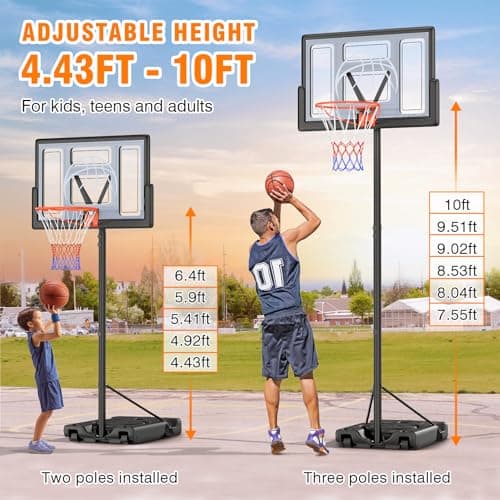 Yohood Basketball Hoop Outdoor 10ft Adjustable, Portable Basketball Hoop Goal System for Kids Youth and Adults in Backyard/Driveway/Indoor, 44 Inch Shatterproof Backboard and Larger Base 5